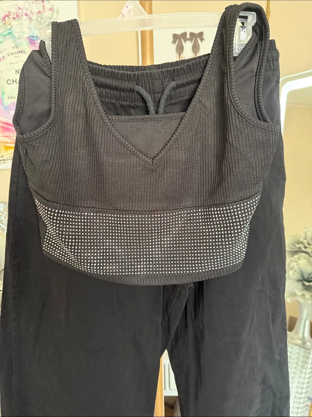refuge Black Rhinestone Cropped Tank & Joggers Set